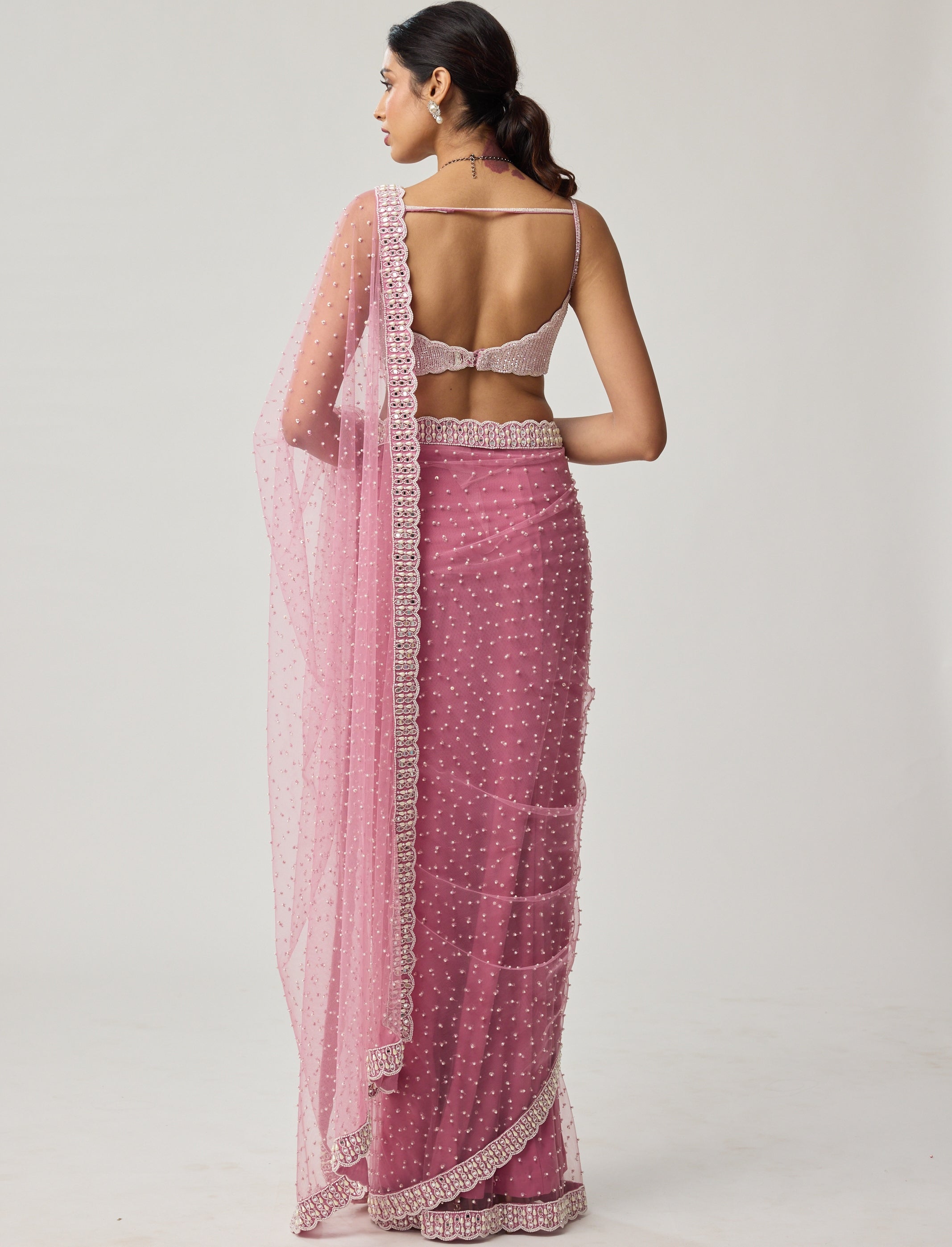 Onion Pink Pearl Scattered Net Sari Set