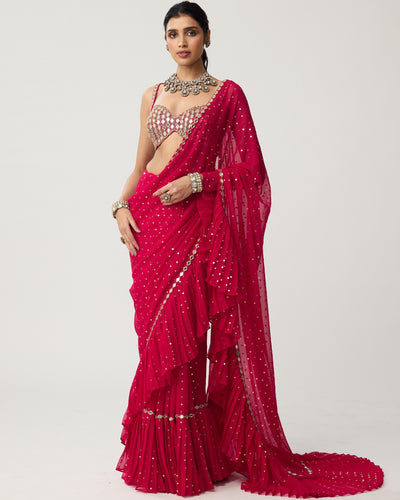 Crimson Red Ruffle Sequins Mirror Sari Set