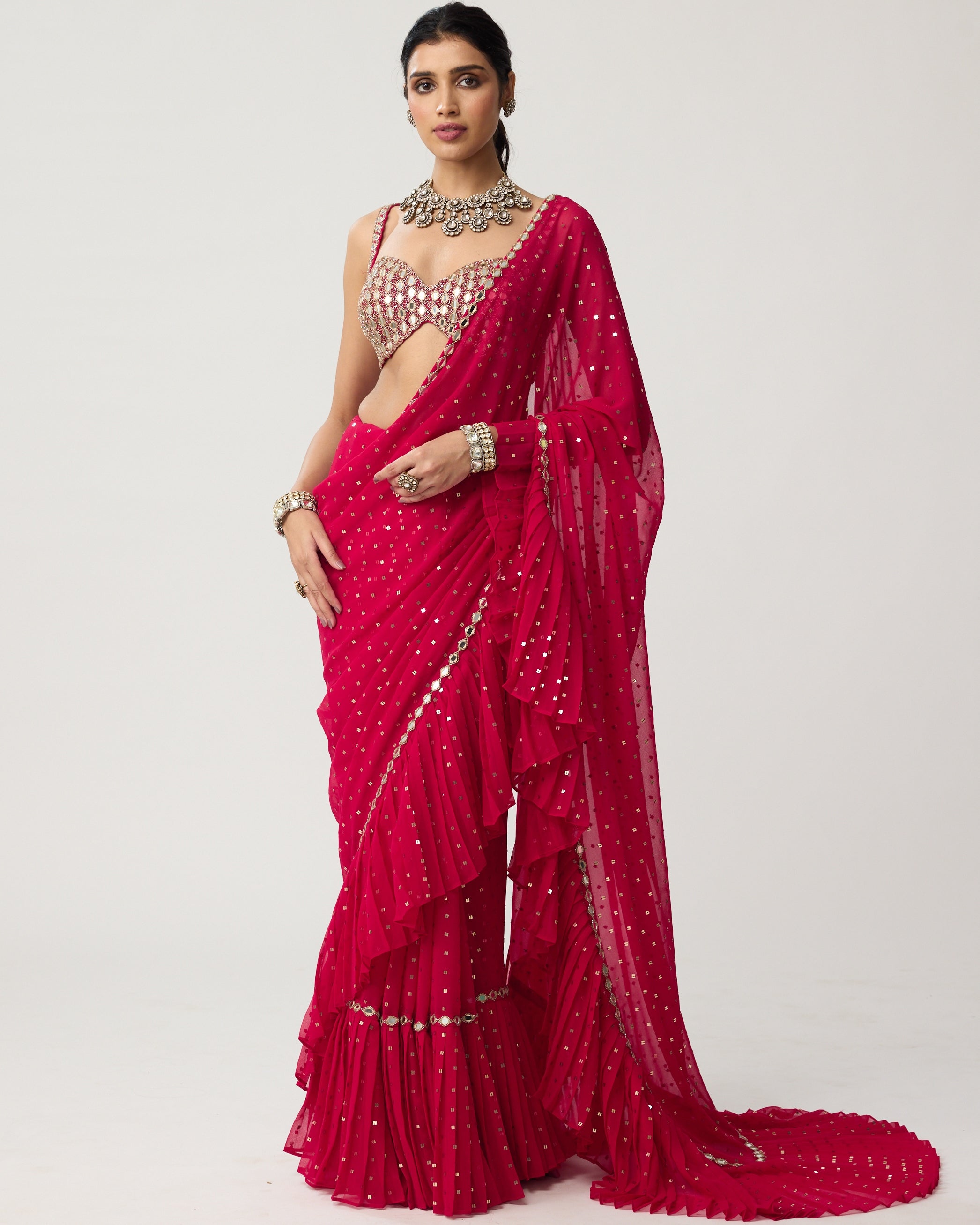 Crimson Red Ruffle Sequins Mirror Sari Set