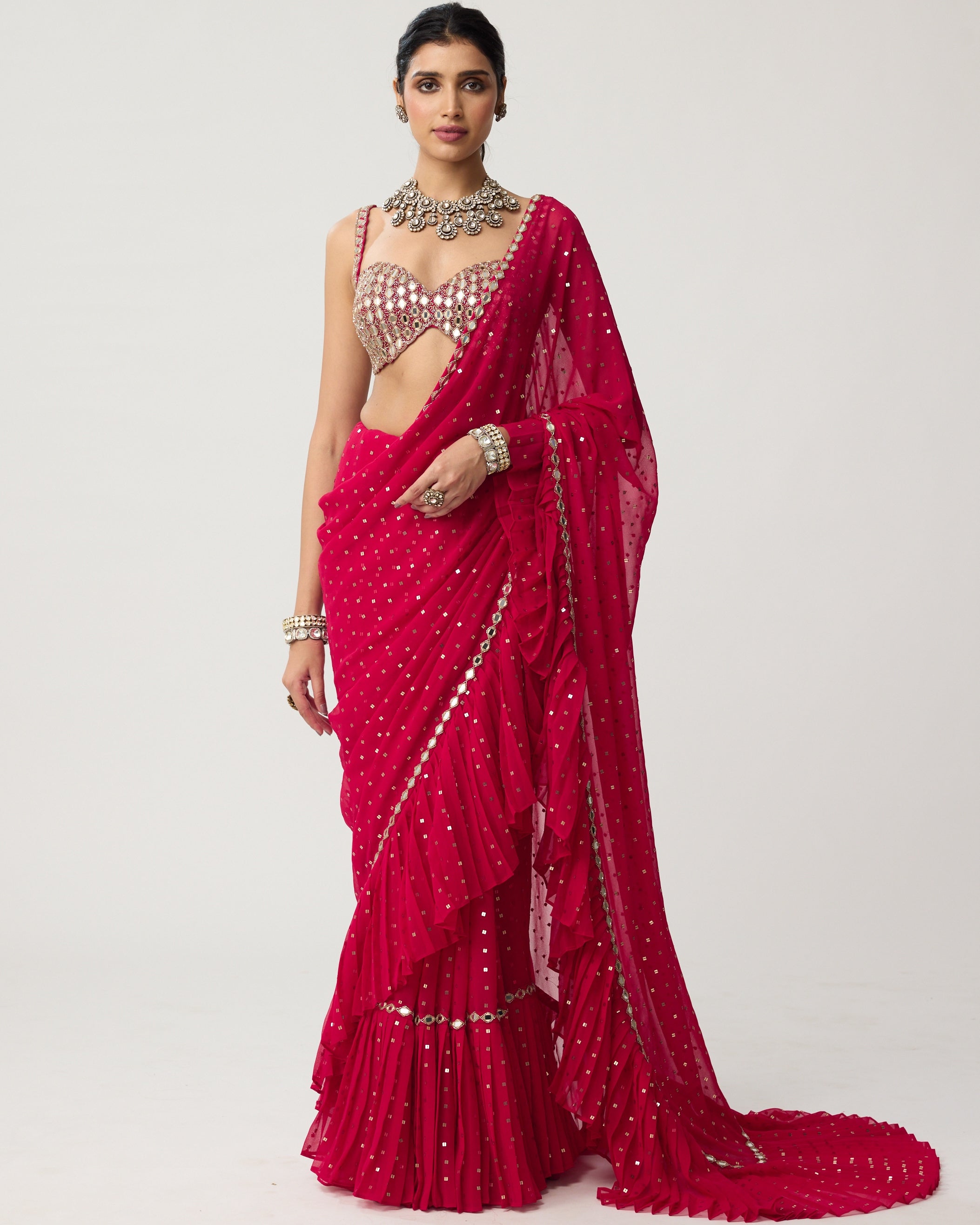 Crimson Red Ruffle Sequins Mirror Sari Set