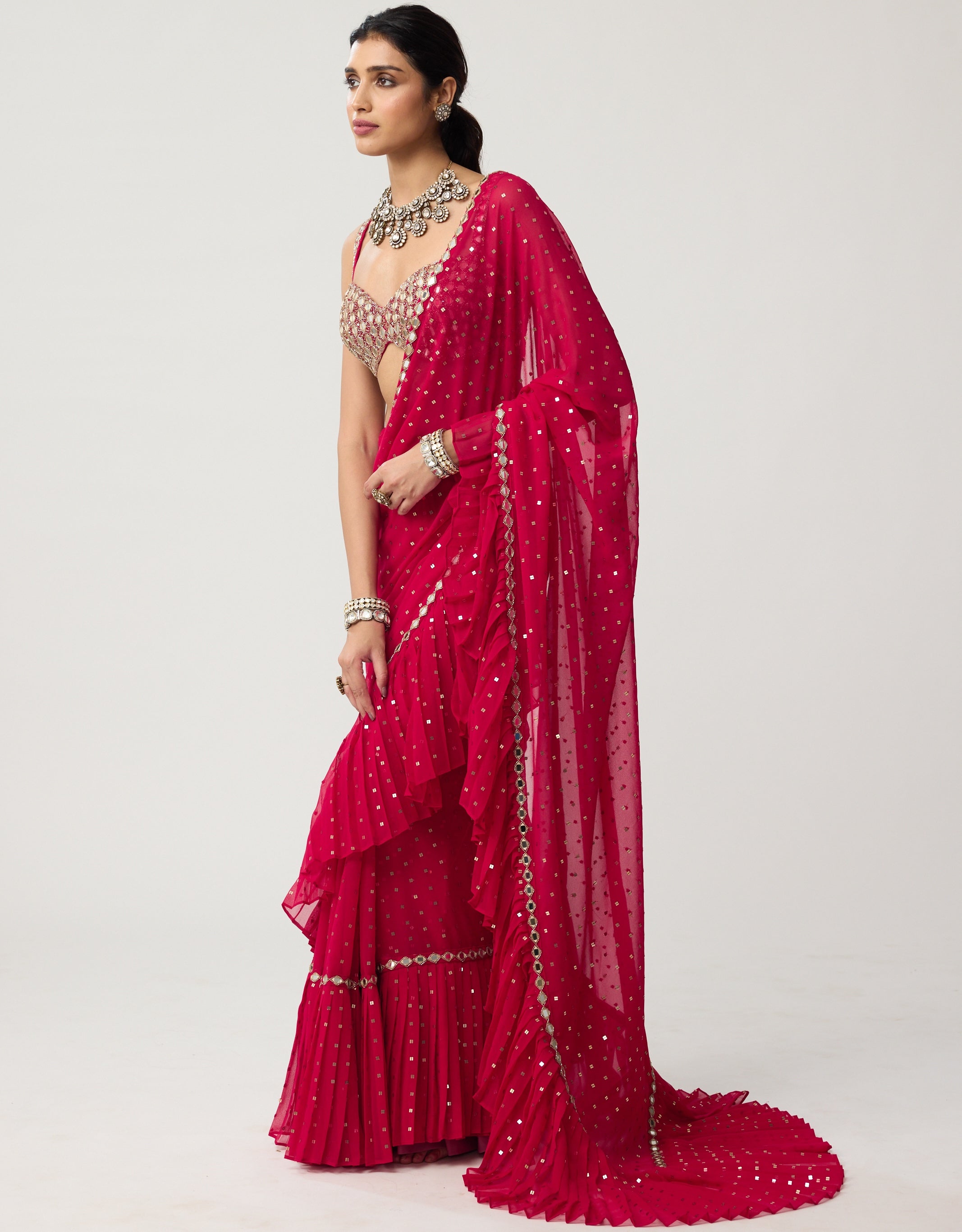 Crimson Red Ruffle Sequins Mirror Sari Set