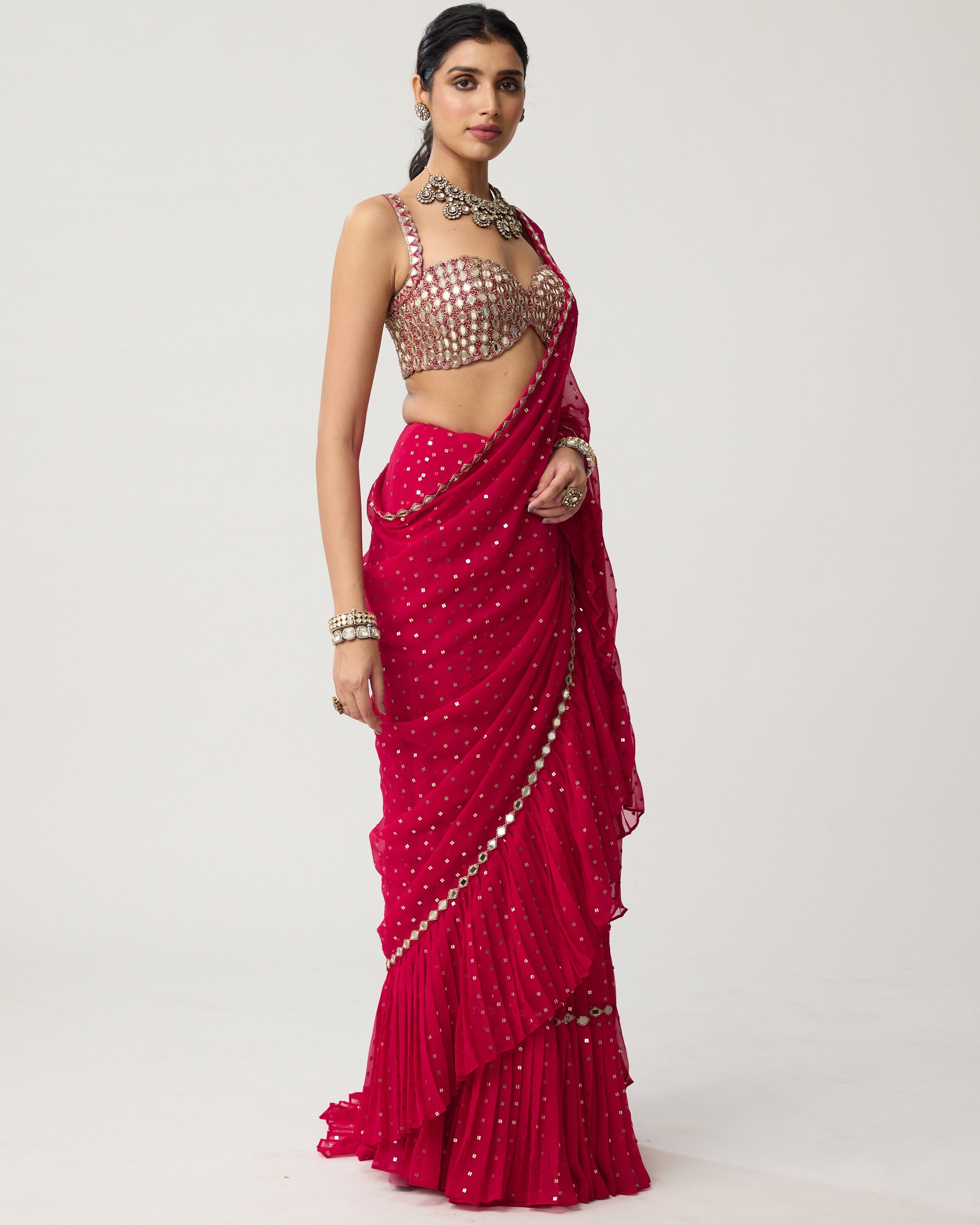 Crimson Red Ruffle Sequins Mirror Sari Set