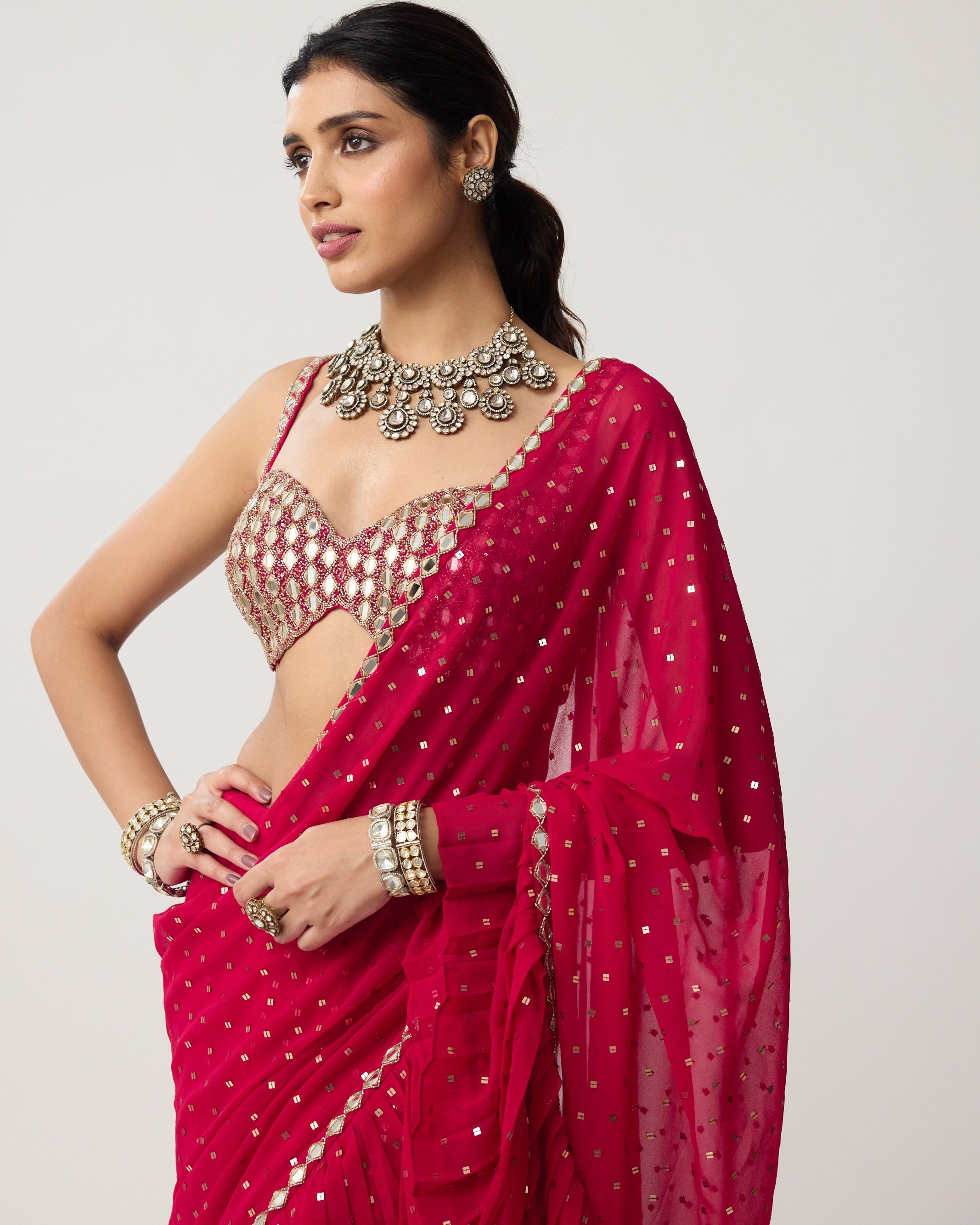 Crimson Red Ruffle Sequins Mirror Sari Set