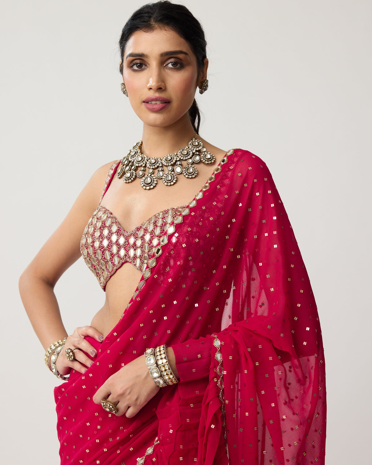 Crimson Red Ruffle Sequins Mirror Sari Set