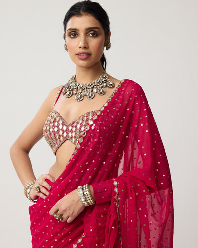 Crimson Red Ruffle Sequins Mirror Sari Set