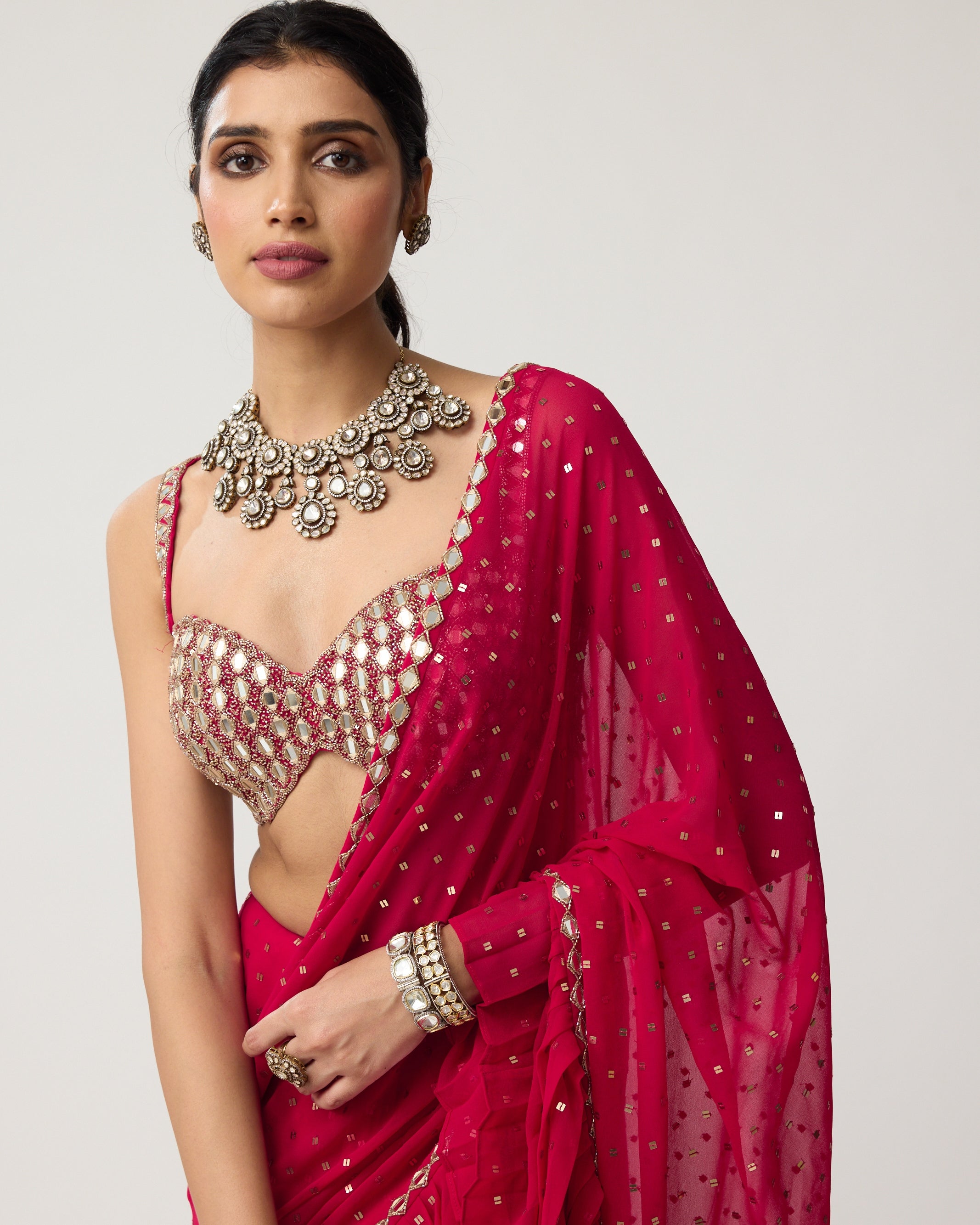 Crimson Red Ruffle Sequins Mirror Sari Set