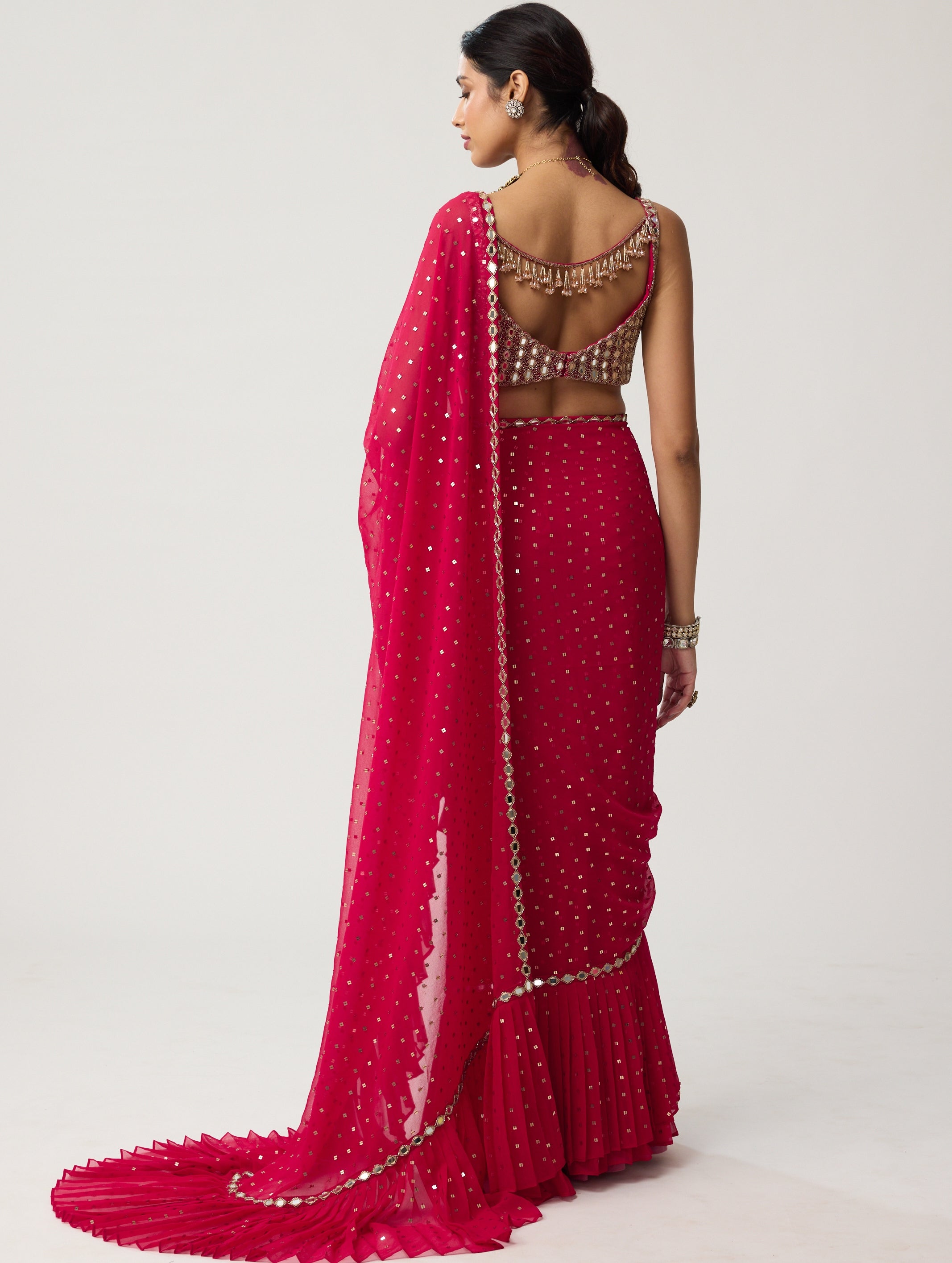 Crimson Red Ruffle Sequins Mirror Sari Set
