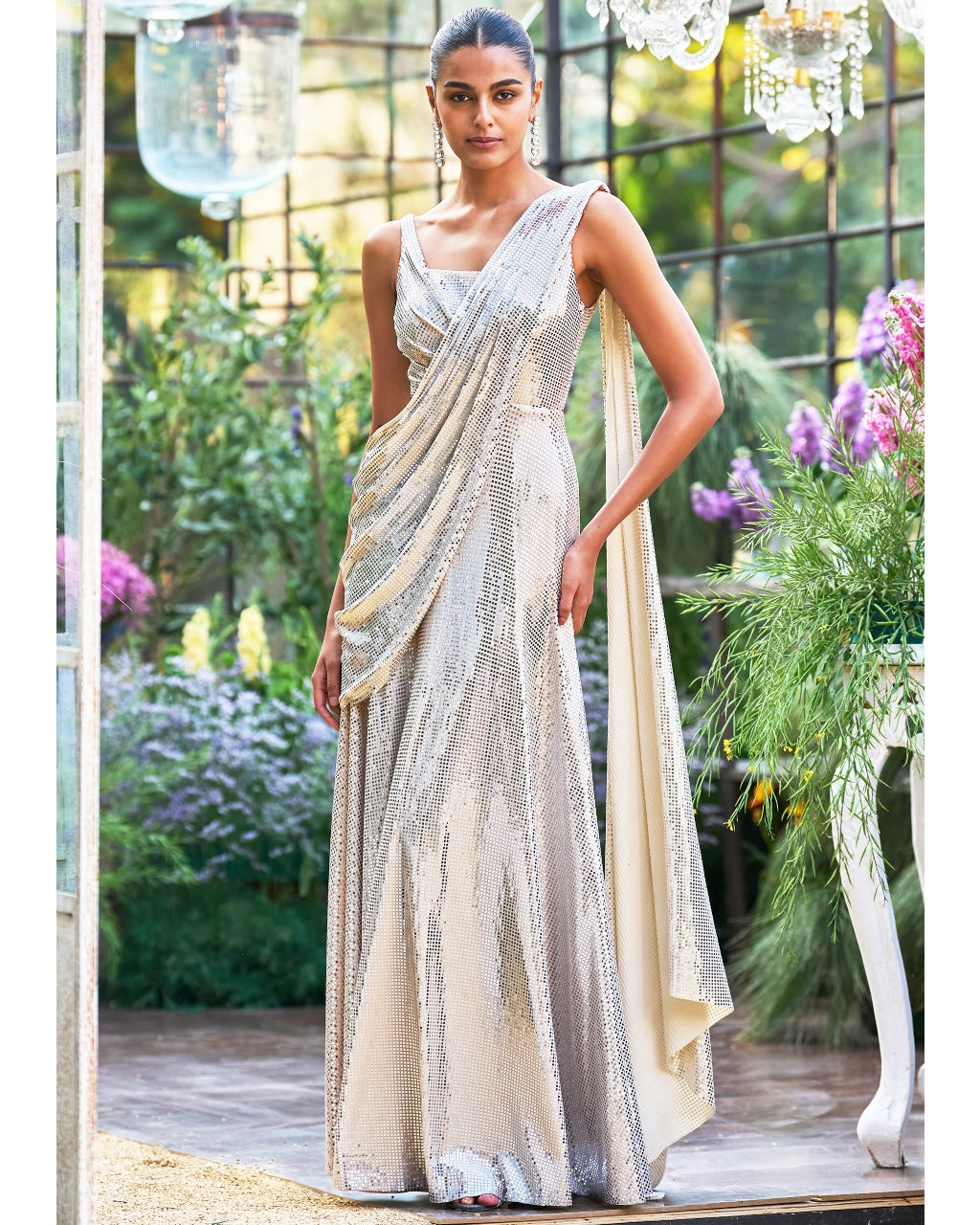 Pearl Escent Ivory Sari Drape Gown