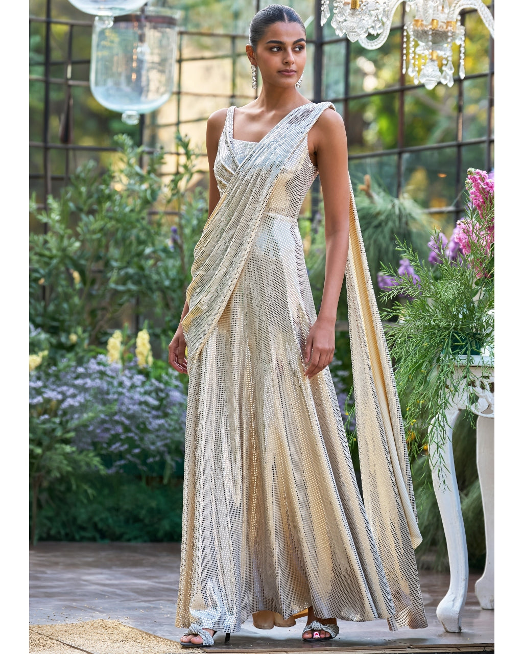 Pearl Escent Ivory Sari Drape Gown