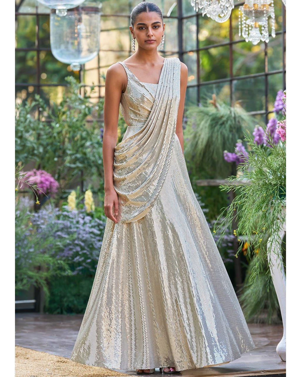 Pearl Escent Ivory Sari Drape Gown