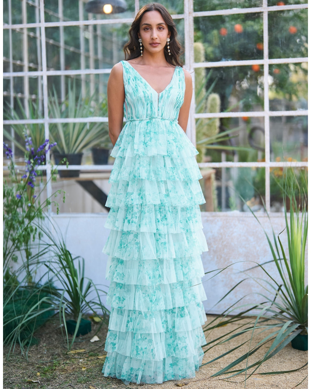 Soft Ice Blue Cascading Printed Gown