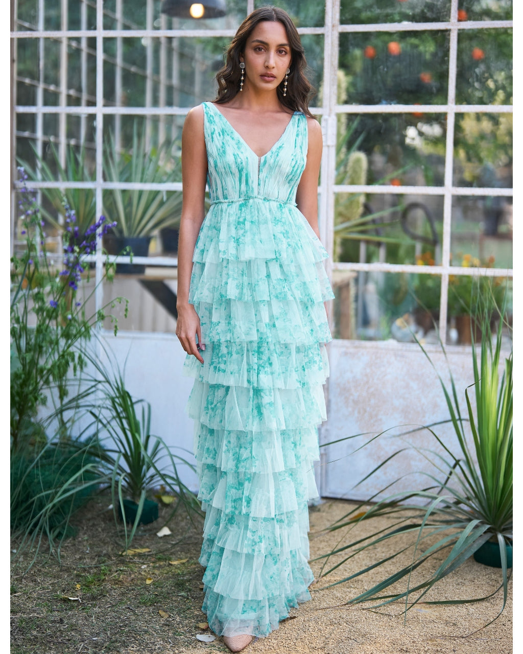 Soft Ice Blue Cascading Printed Gown