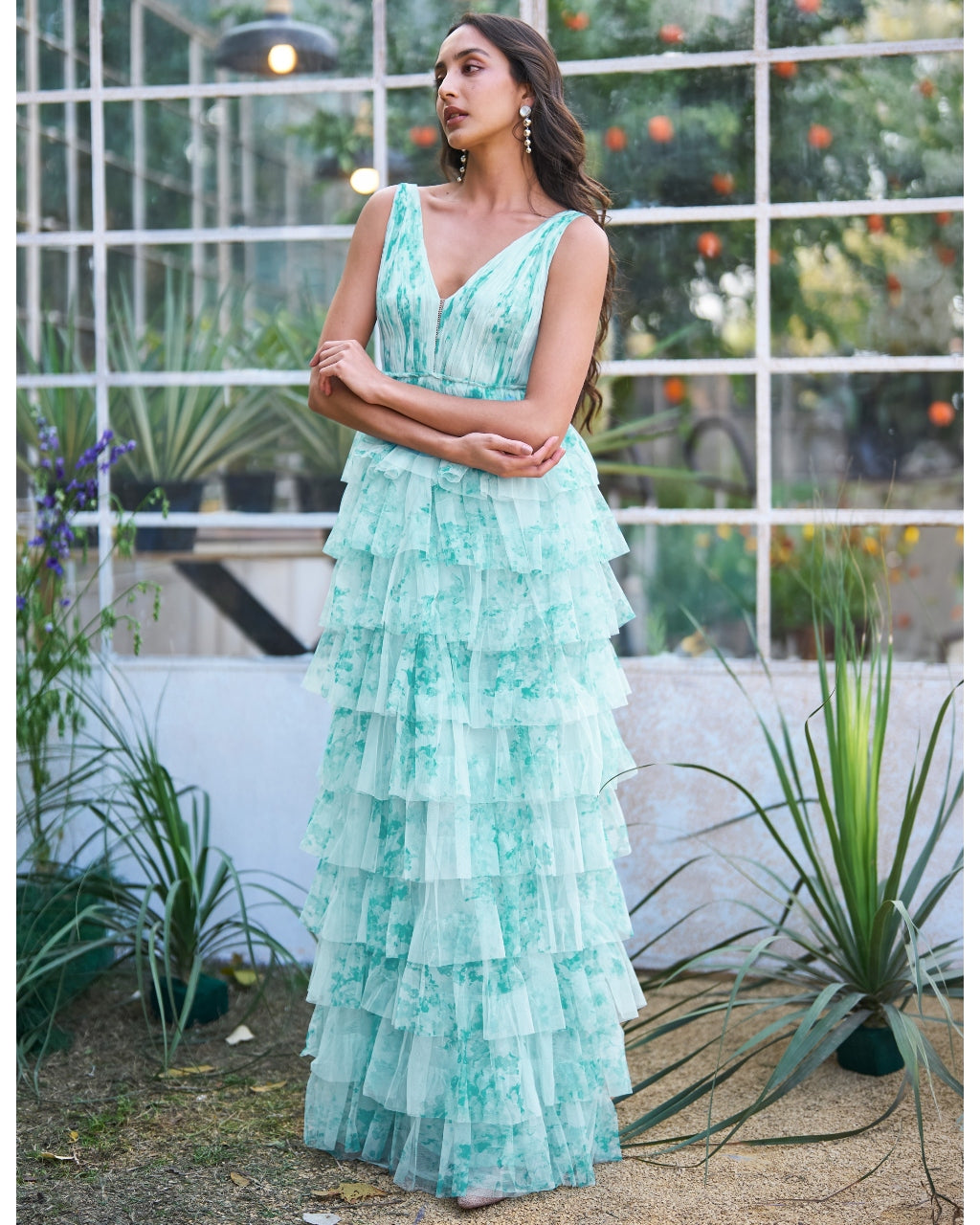 Soft Ice Blue Cascading Printed Gown