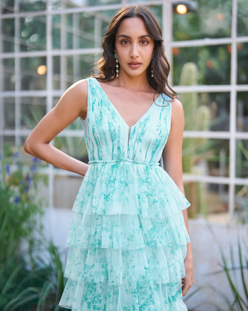 Soft Ice Blue Cascading Printed Gown