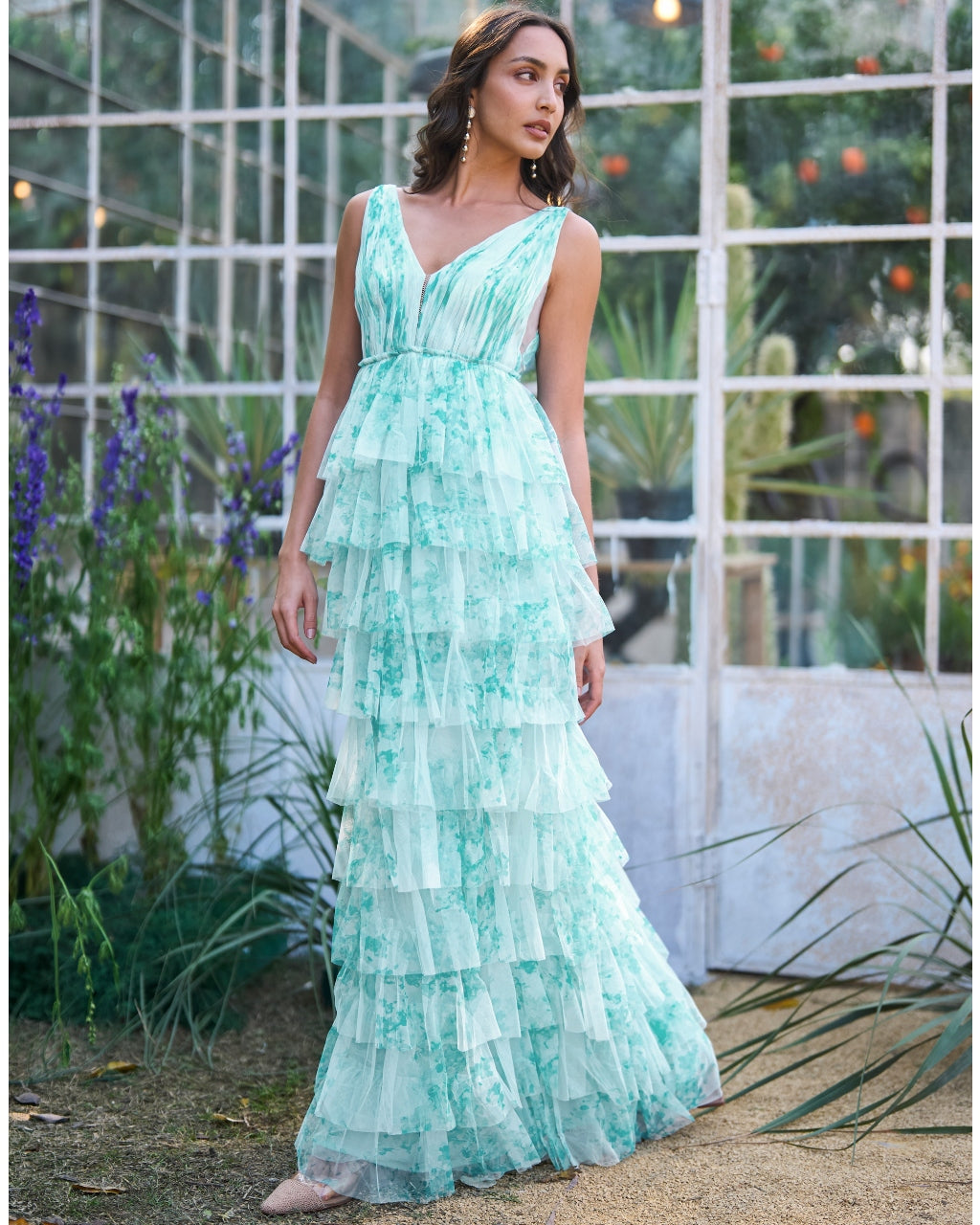 Soft Ice Blue Cascading Printed Gown