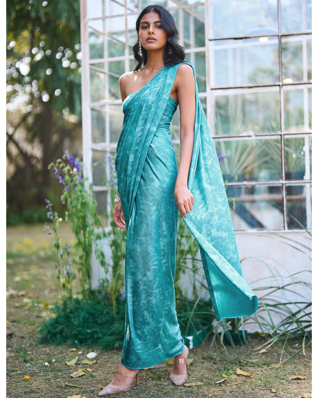 Drapey Aqua Sari Drape Gown