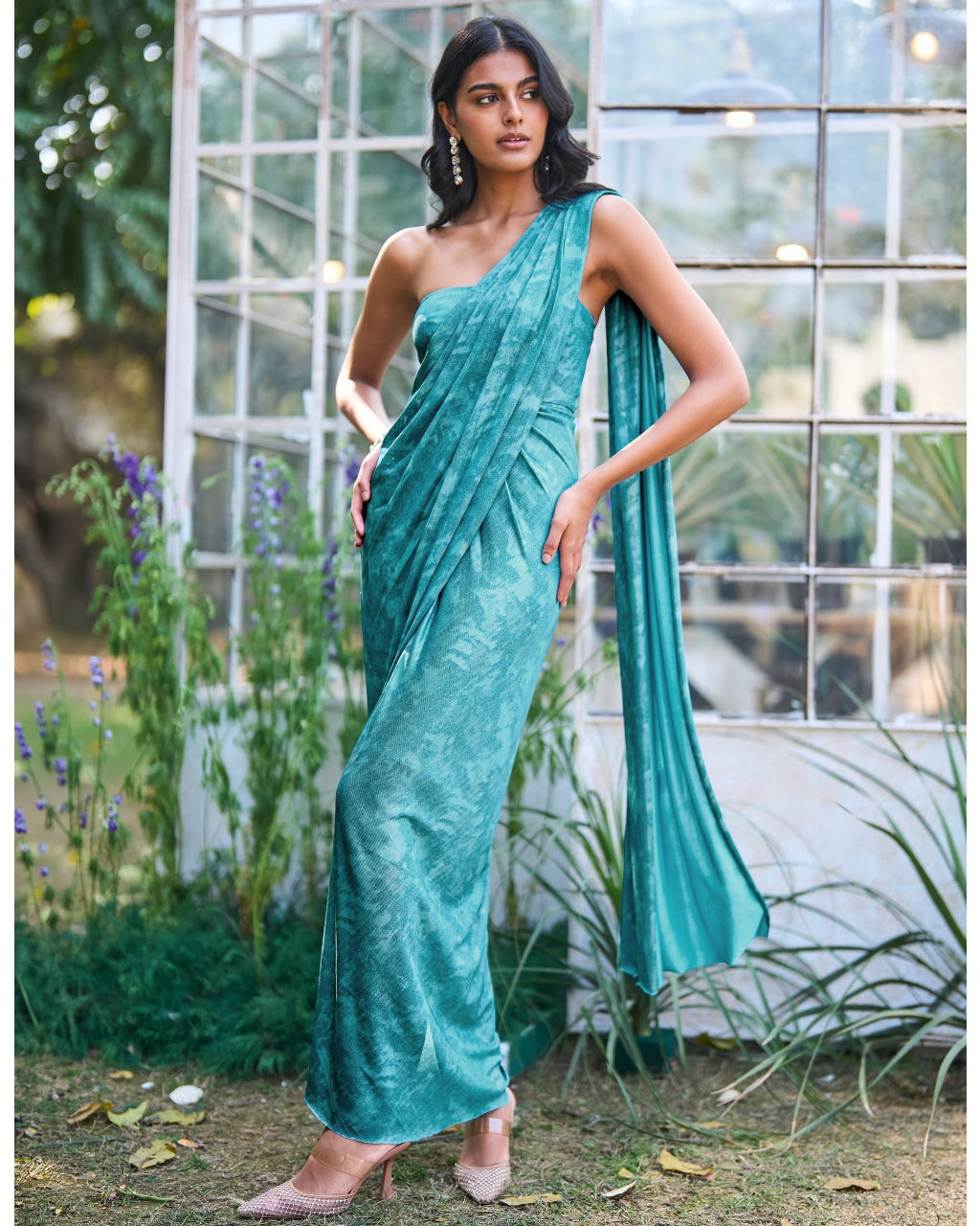 Drapey Aqua Sari Drape Gown