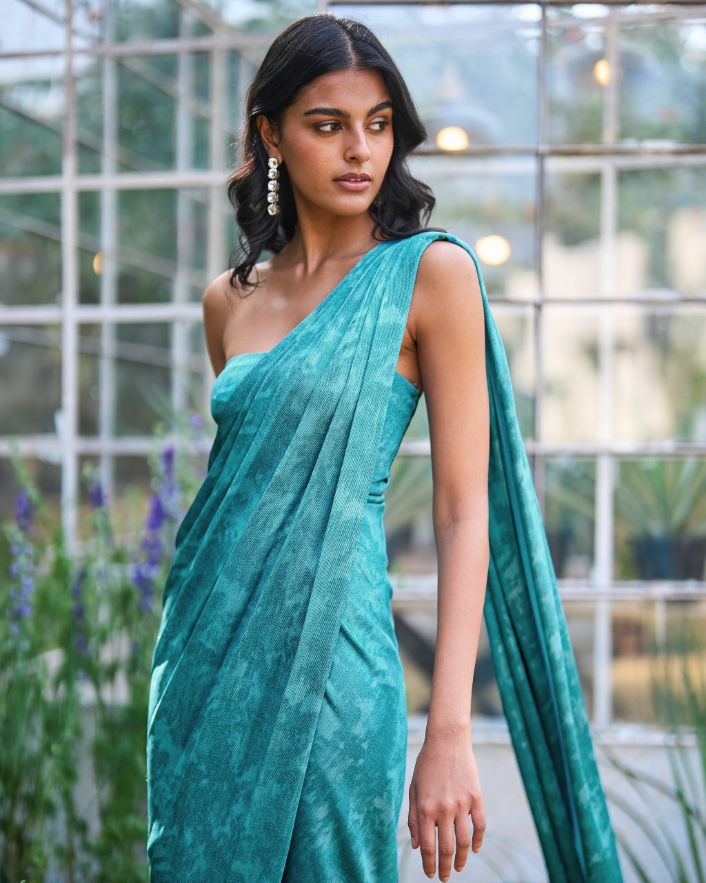 Drapey Aqua Sari Drape Gown