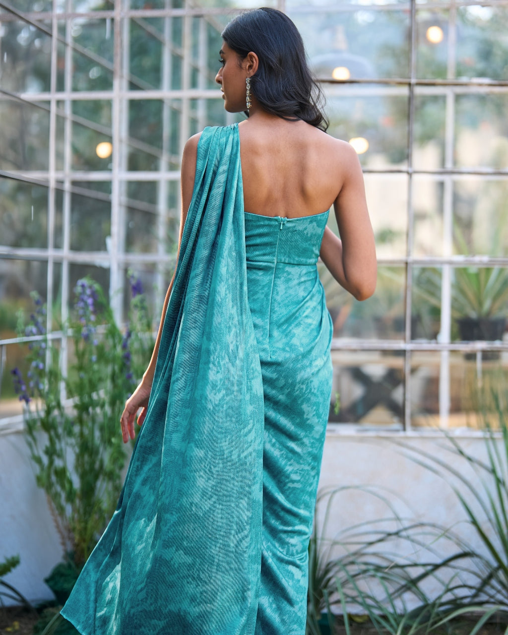 Drapey Aqua Sari Drape Gown