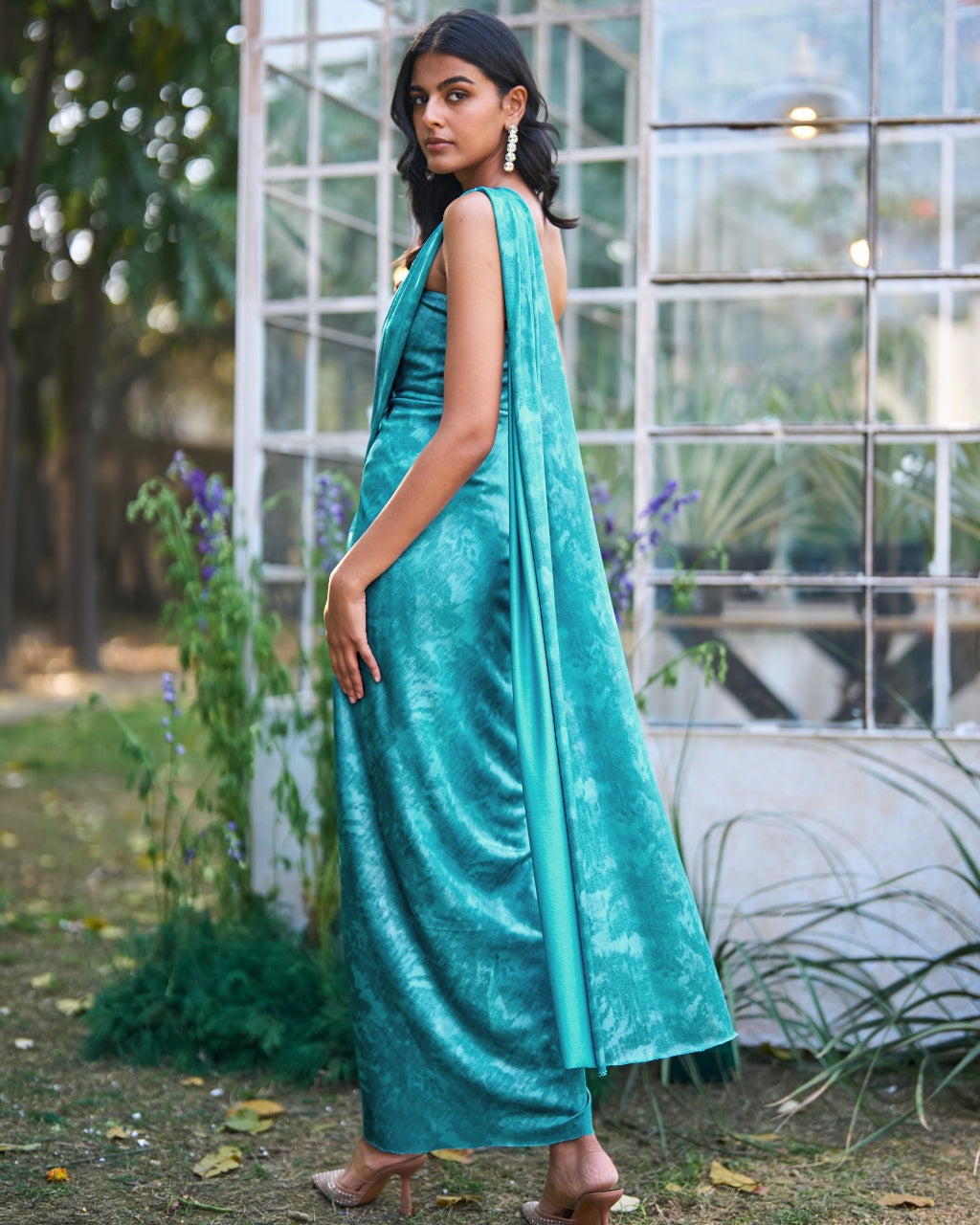 Drapey Aqua Sari Drape Gown