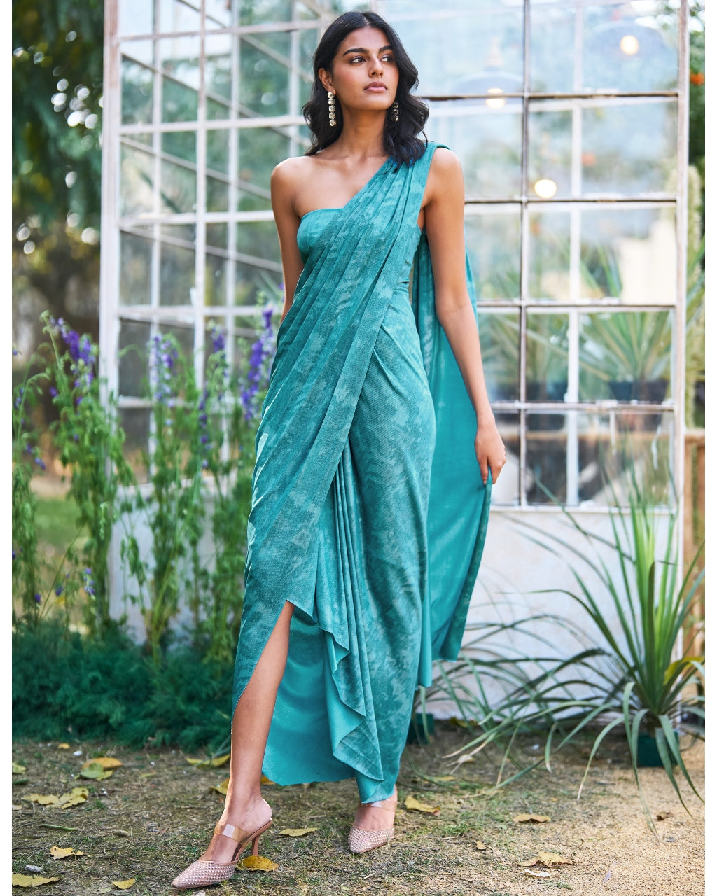 Drapey Aqua Sari Drape Gown