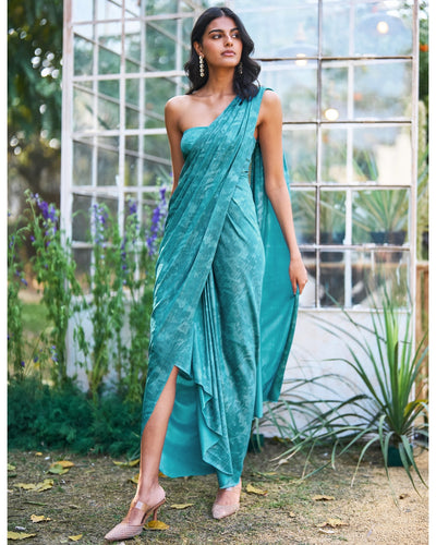 Drapey Aqua Sari Drape Gown