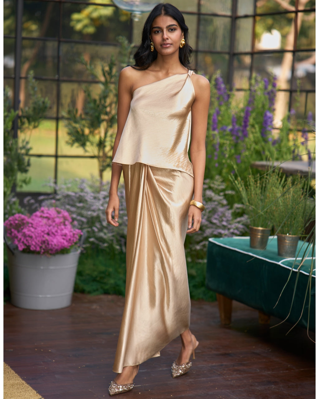 Champagne Twisted One Shoulder Top & Satin Draped Skirt Set