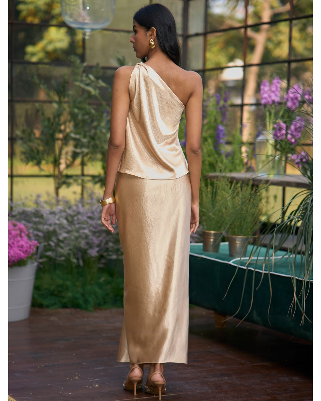 Champagne Twisted One Shoulder Top & Satin Draped Skirt Set
