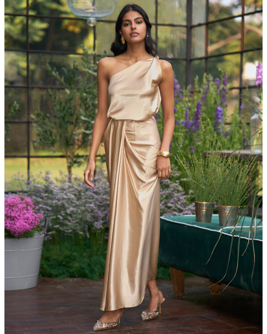 Champagne Twisted One Shoulder Top & Satin Draped Skirt Set