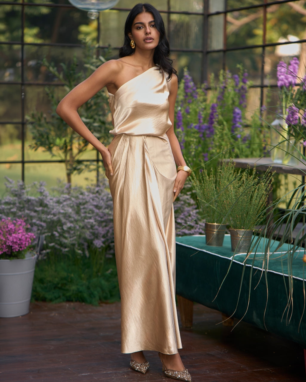 Champagne Twisted One Shoulder Top & Satin Draped Skirt Set