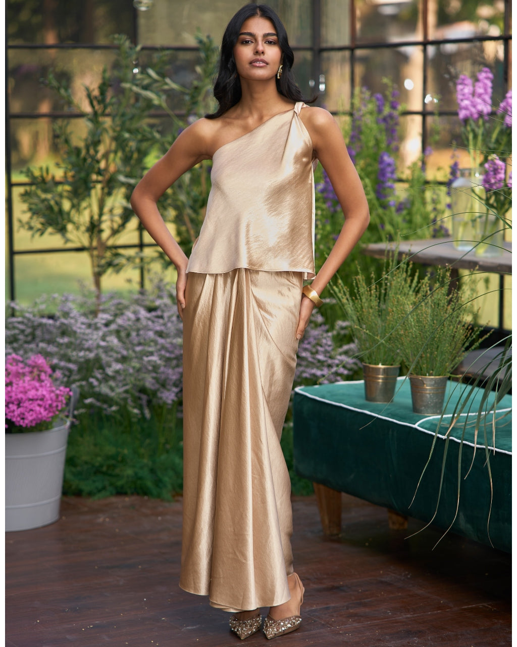 Champagne Twisted One Shoulder Top & Satin Draped Skirt Set