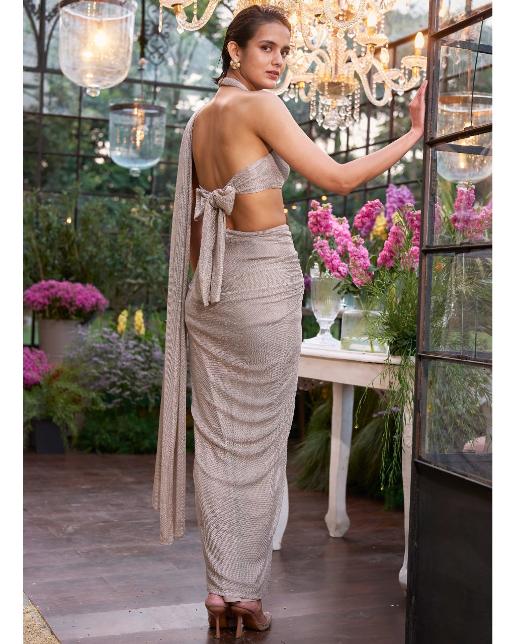 Dusty Mauve Lamé Back Knot Blouse & Sari Drape Skirt Set