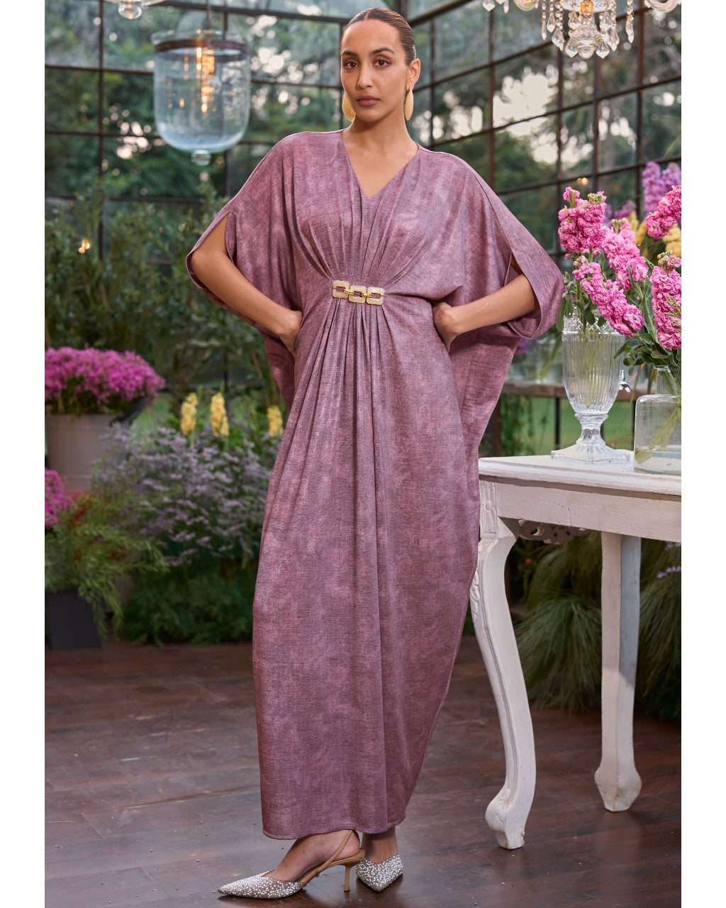Lavender Shimmer Draped Kaftan Dress