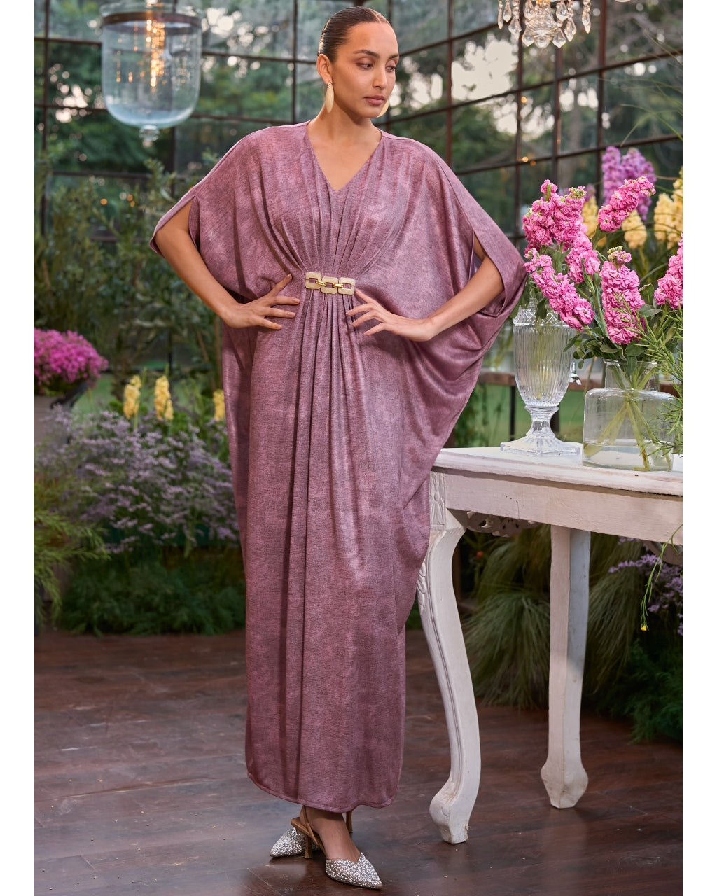 Lavender Shimmer Draped Kaftan Dress
