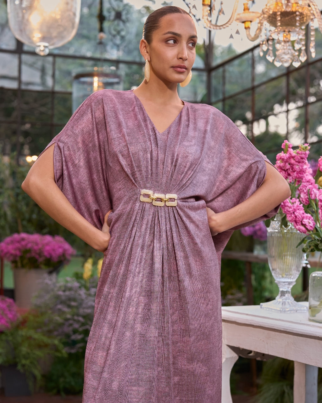 Lavender Shimmer Draped Kaftan Dress