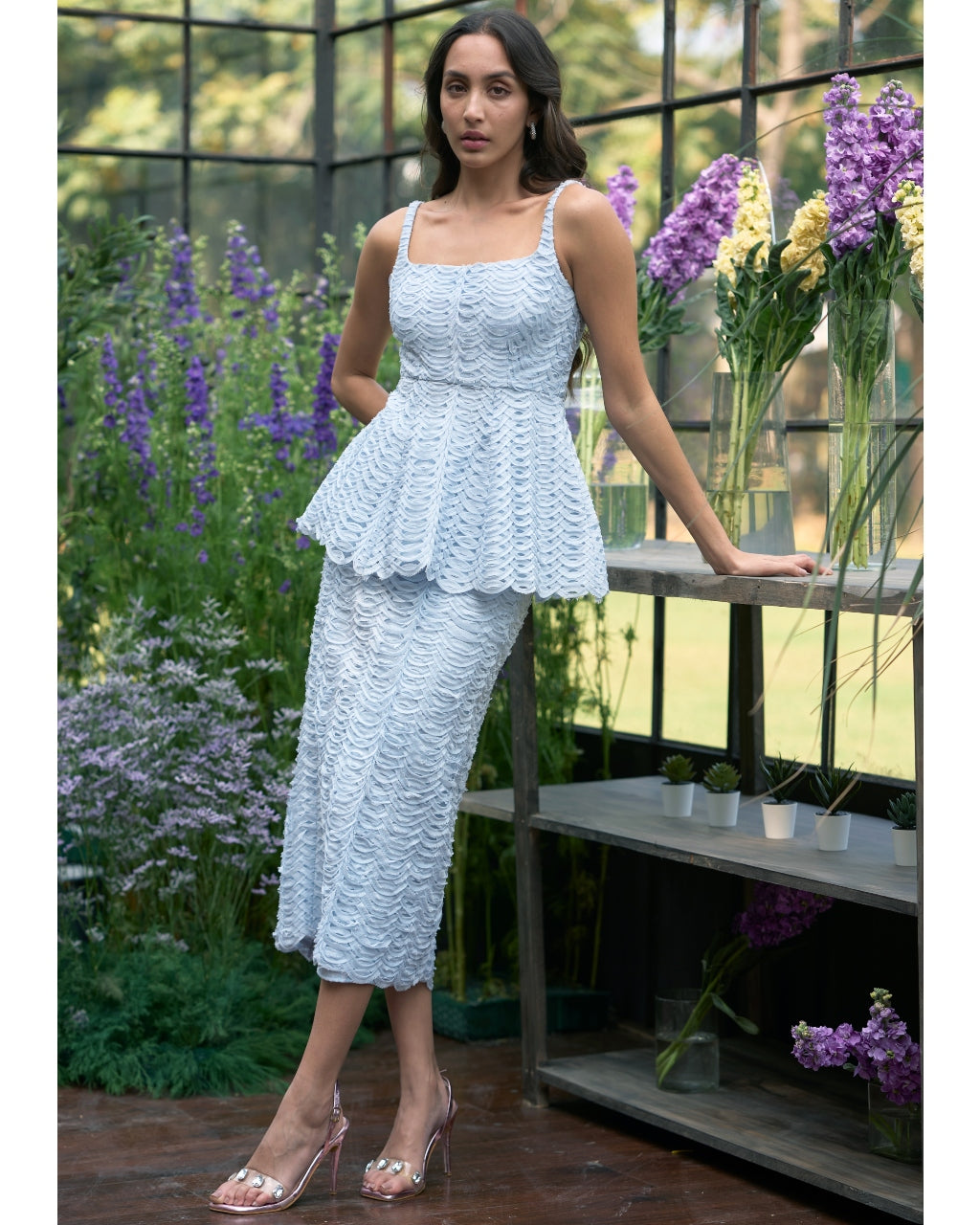 Ice Blue Ribbon Embroidered Peplum Top & Midi Skirt Set