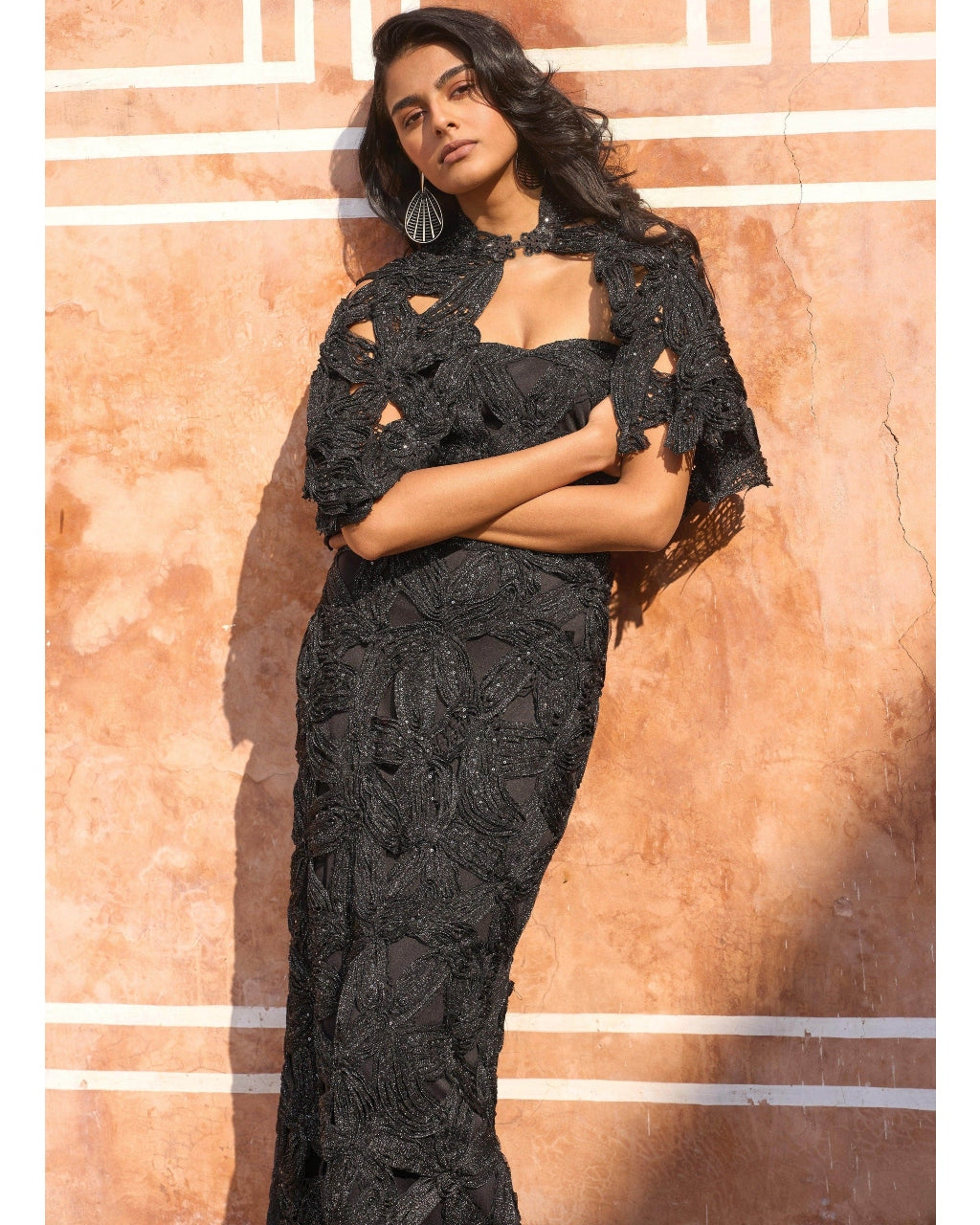 Metallic Lace Gown And Cape