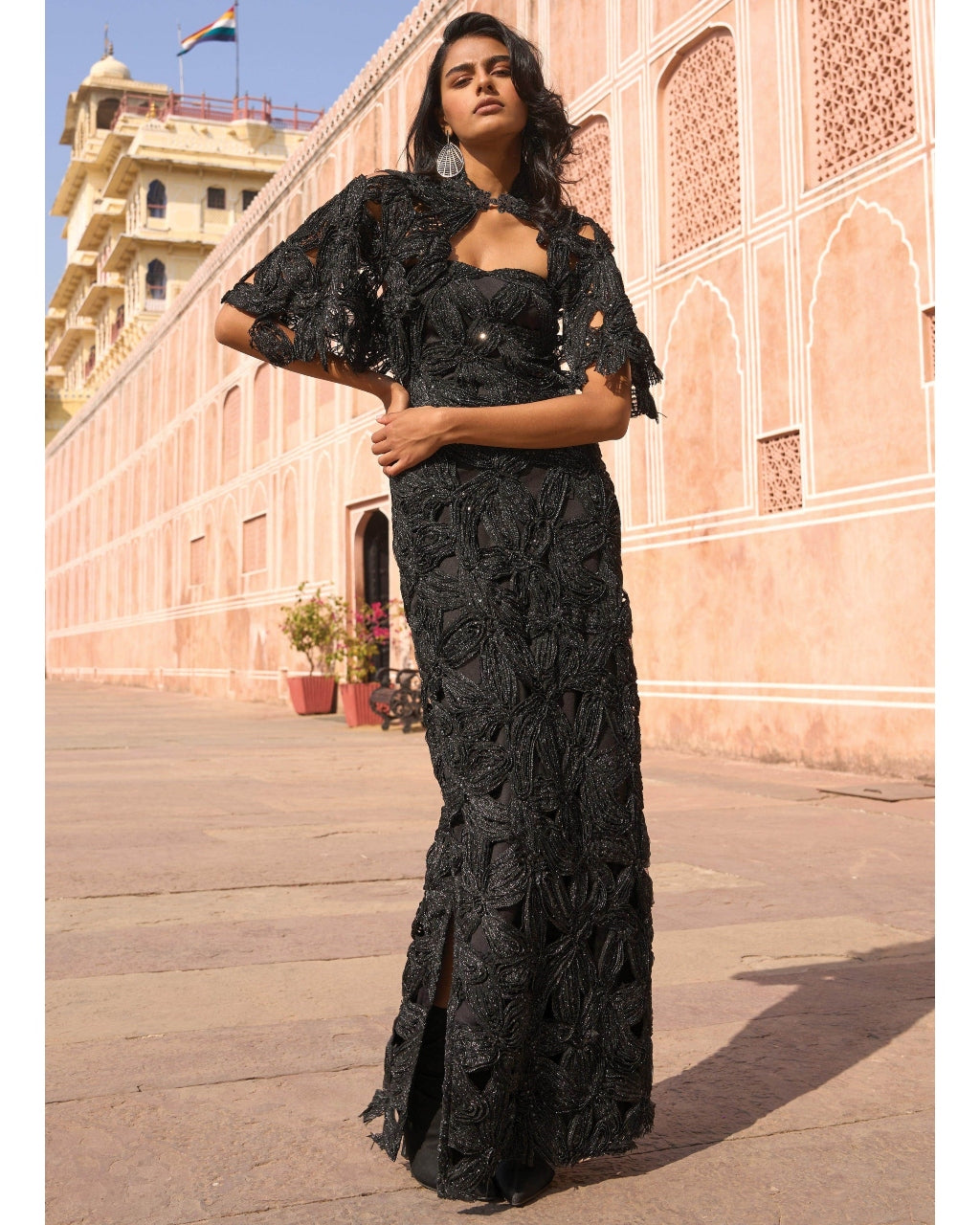 Metallic Lace Gown And Cape