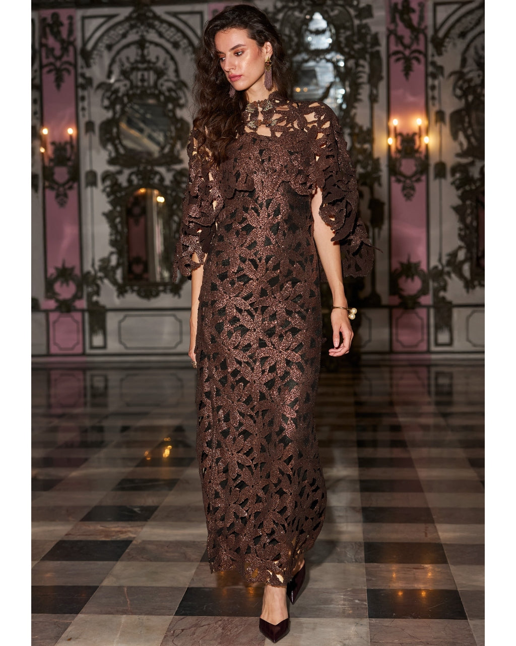Metallic Lace Gown & Cape