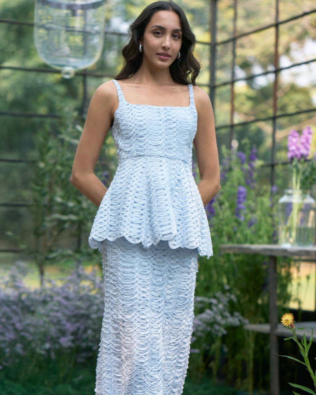 Ice Blue Ribbon Embroidered Peplum Top & Midi Skirt Set