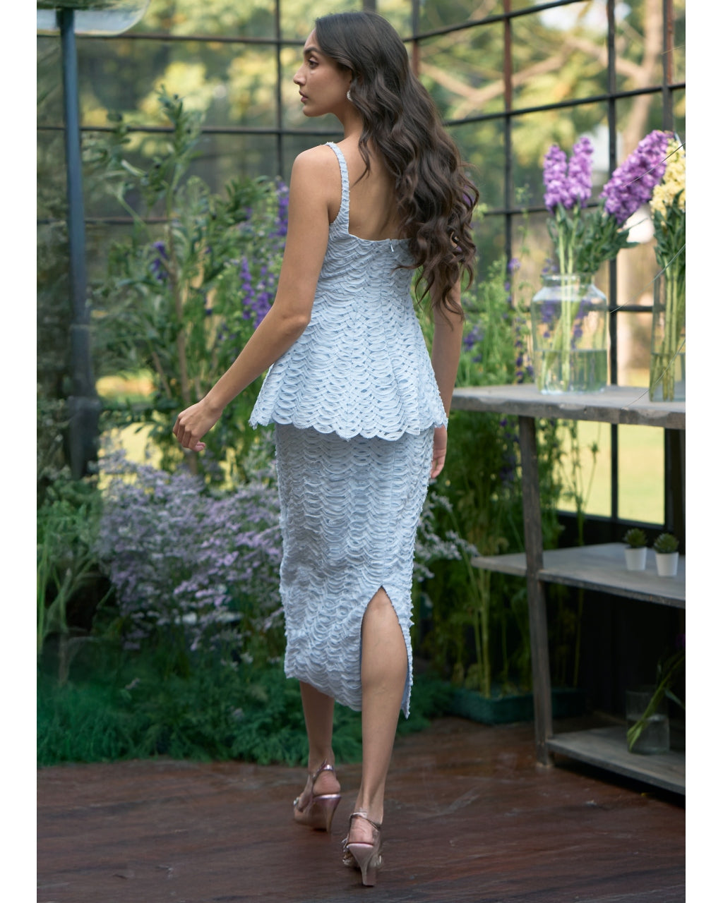 Ice Blue Ribbon Embroidered Peplum Top & Midi Skirt Set