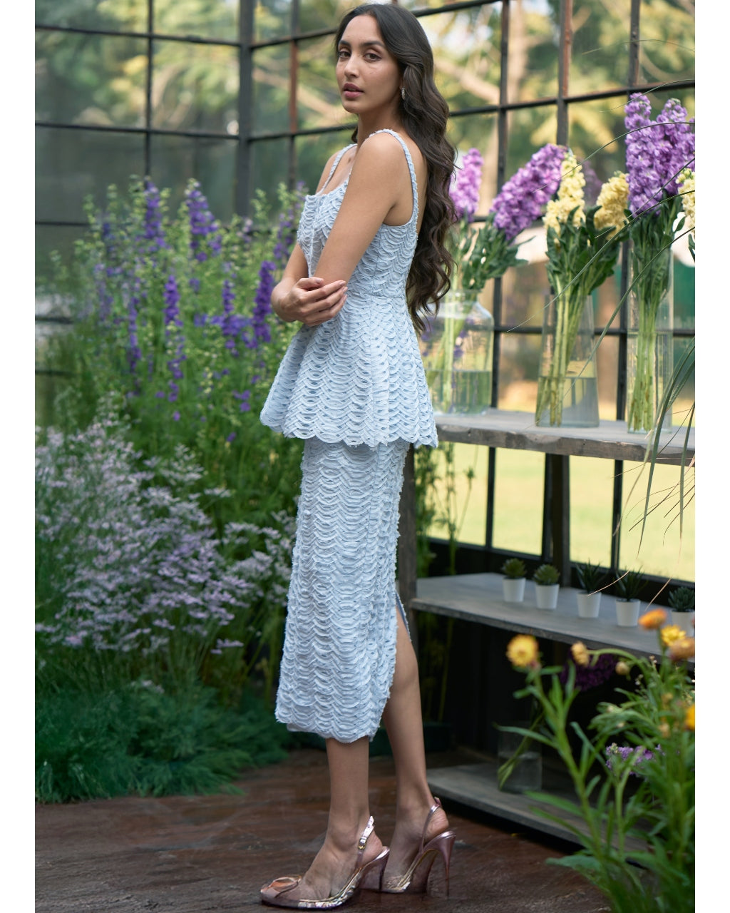 Ice Blue Ribbon Embroidered Peplum Top & Midi Skirt Set