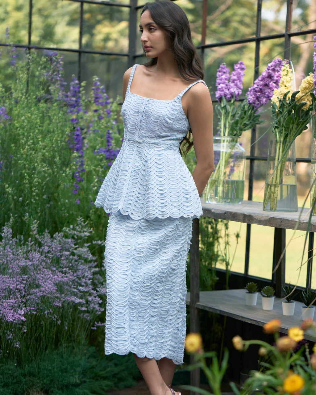 Ice Blue Ribbon Embroidered Peplum Top & Midi Skirt Set