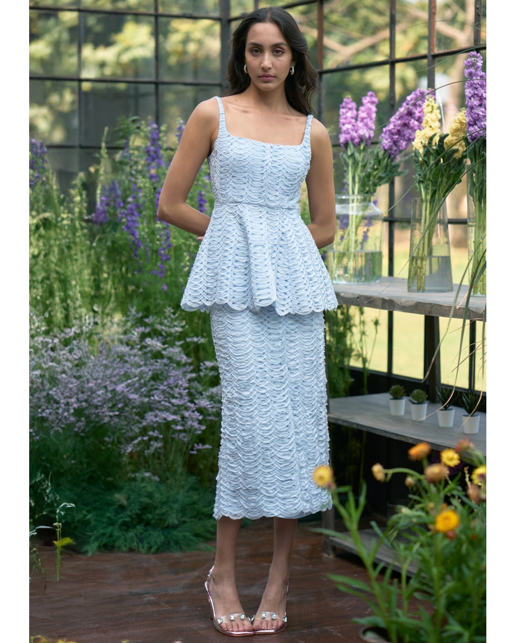 Ice Blue Ribbon Embroidered Peplum Top & Midi Skirt Set