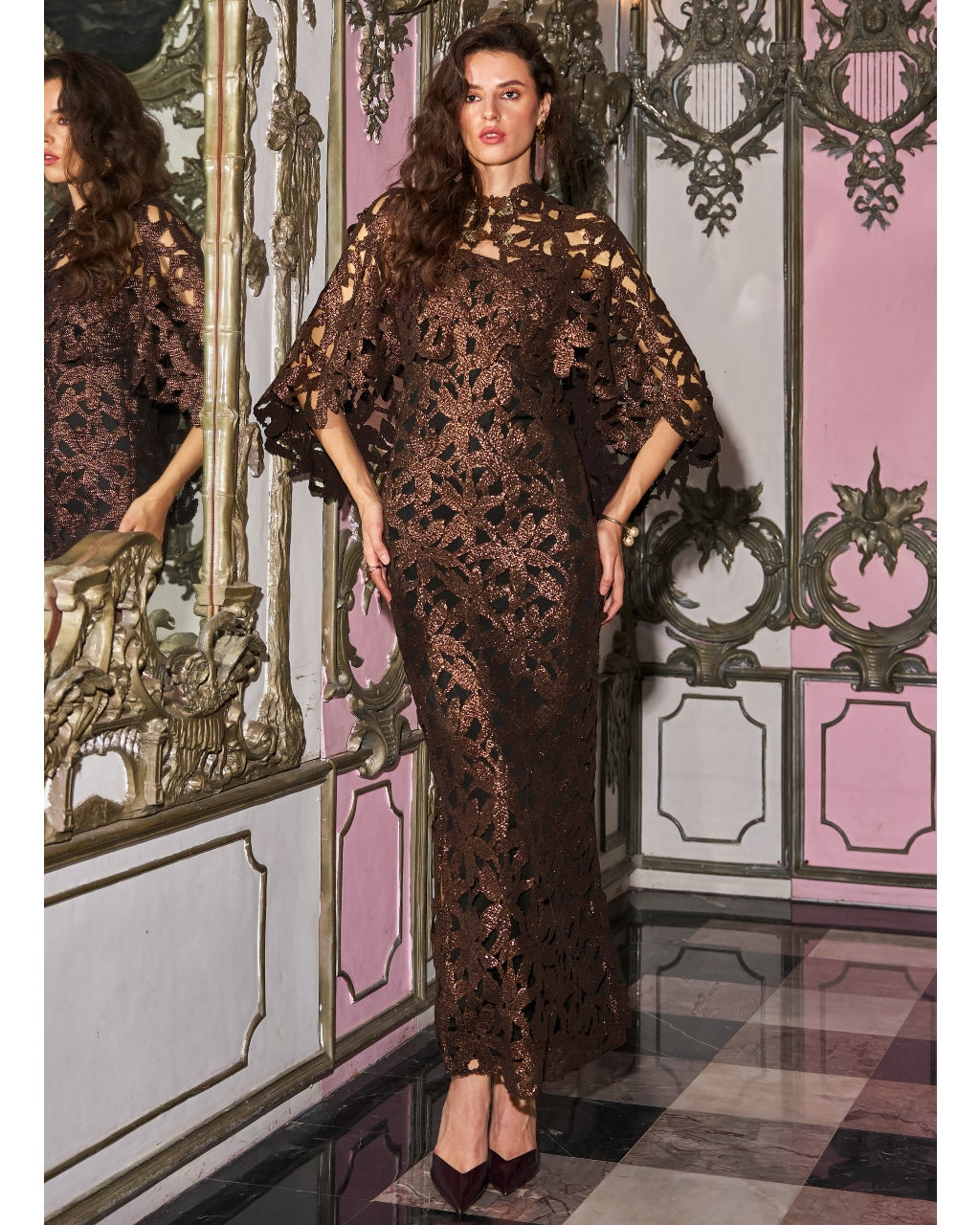Metallic Lace Gown & Cape