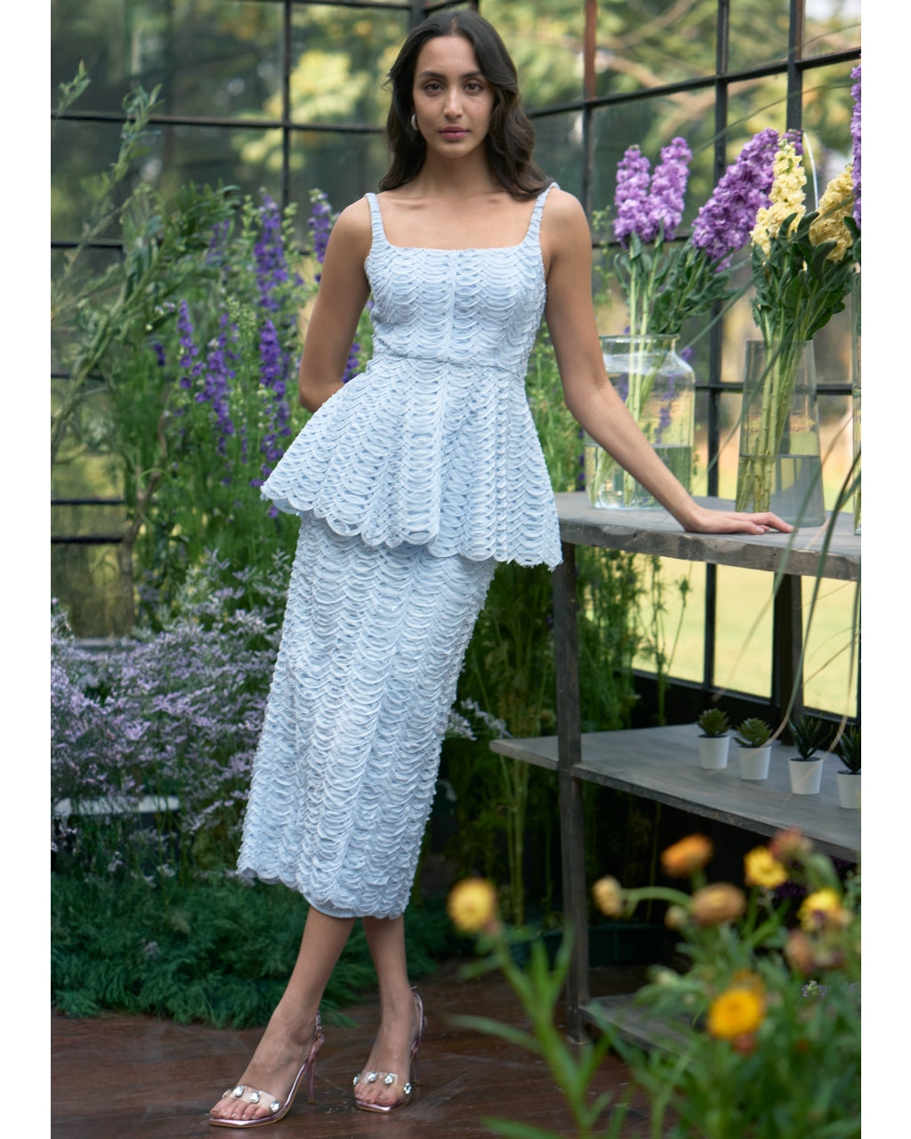 Ice Blue Ribbon Embroidered Peplum Top & Midi Skirt Set