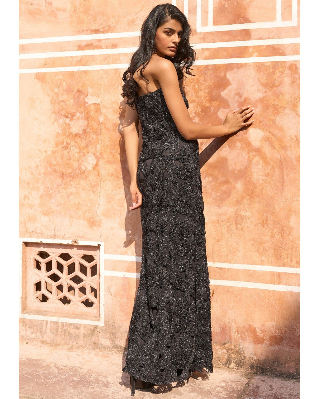 Metallic Lace Gown And Cape