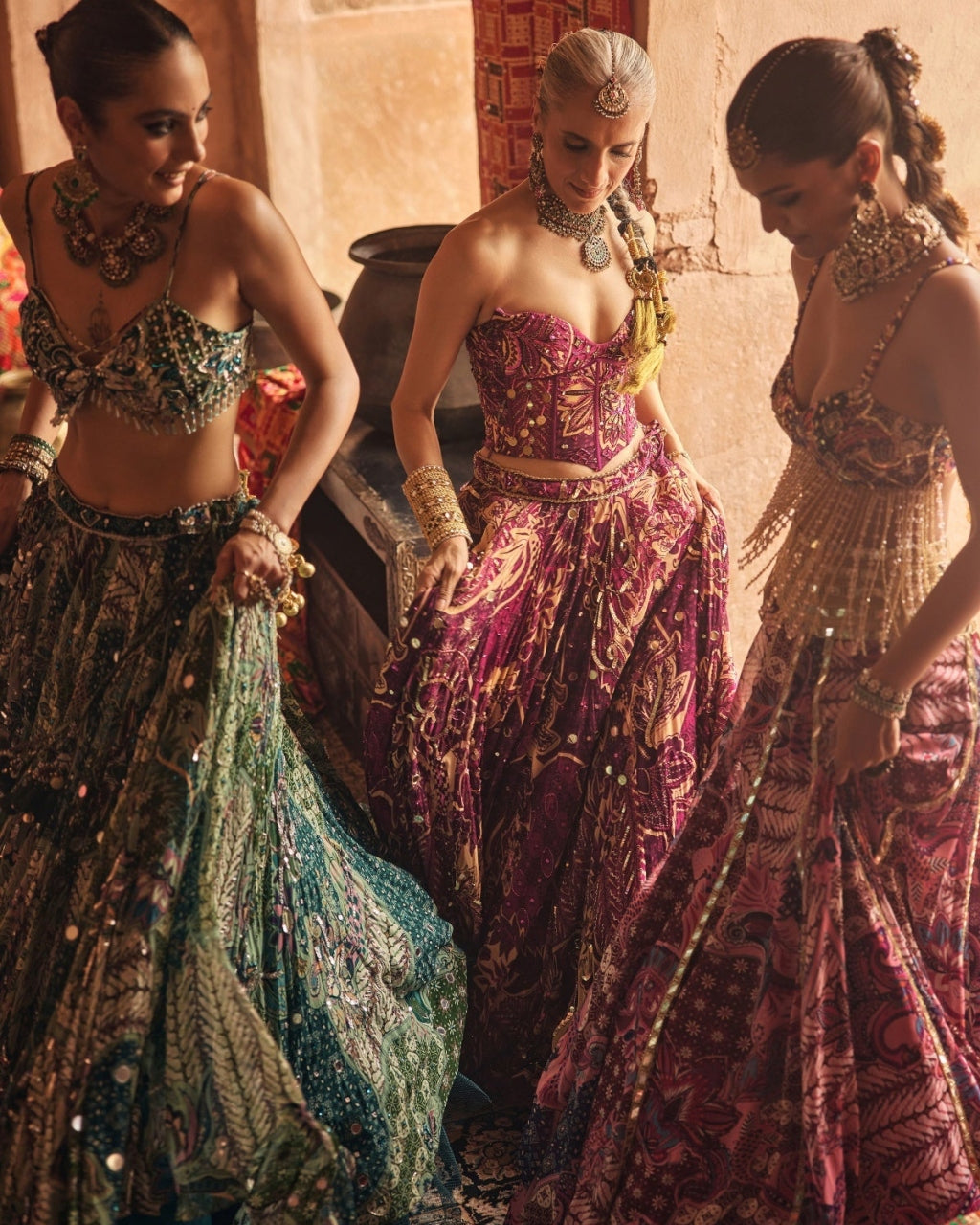 Green Floral Blouse With Statement Highlighted Lehenga Set