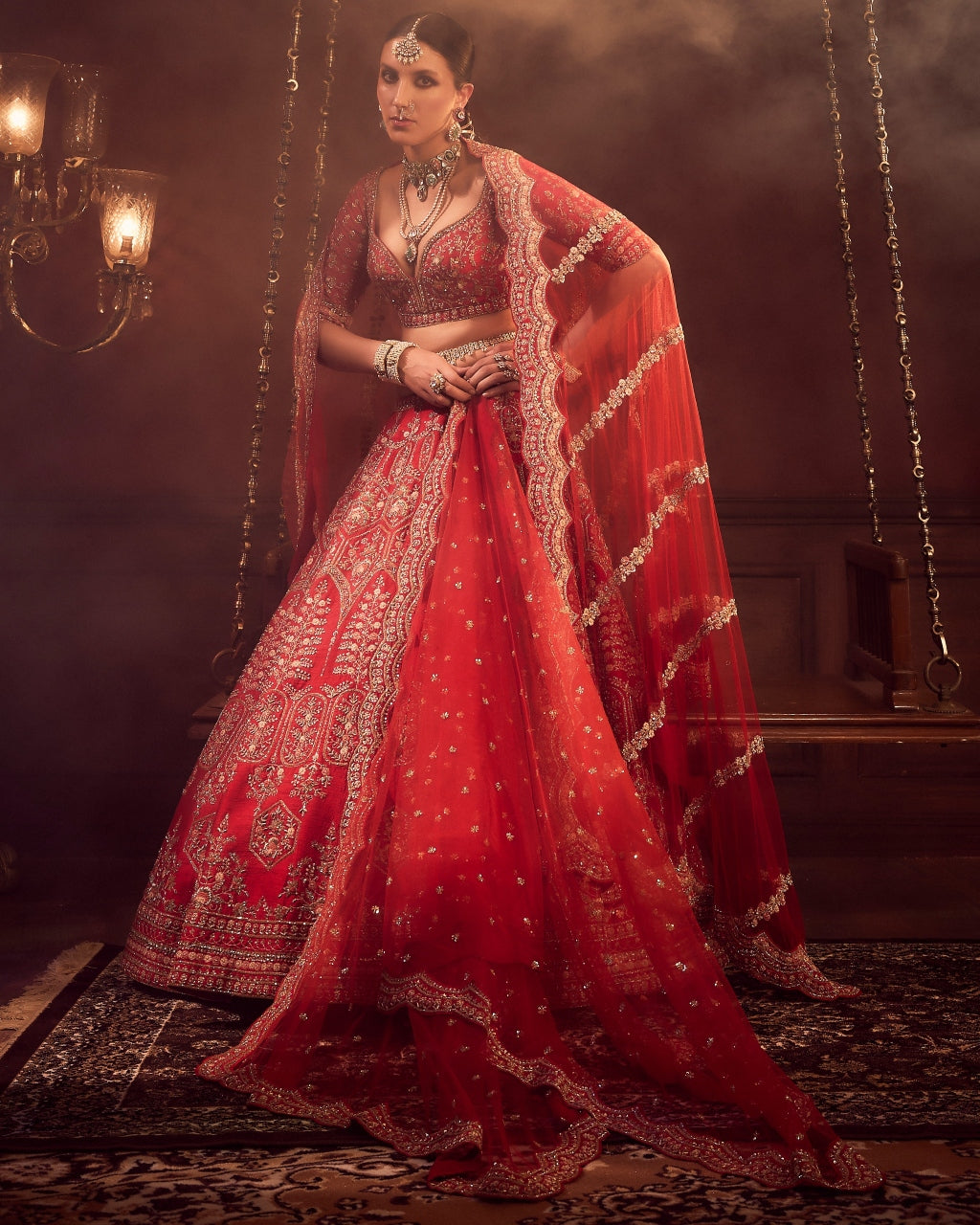 Red Wave Floral Lehenga Set