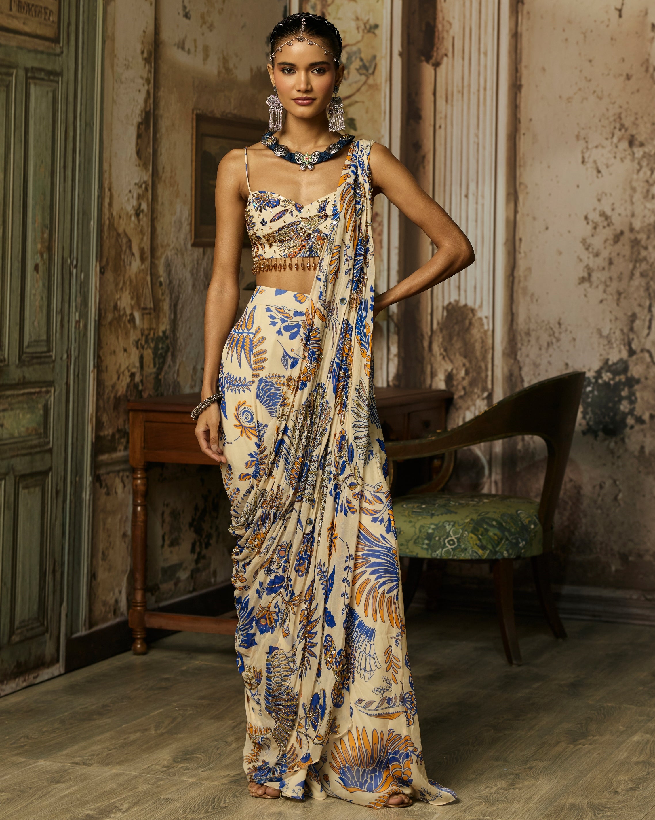 Ivory Printed And Highlighted Sharara Pants Sari Set